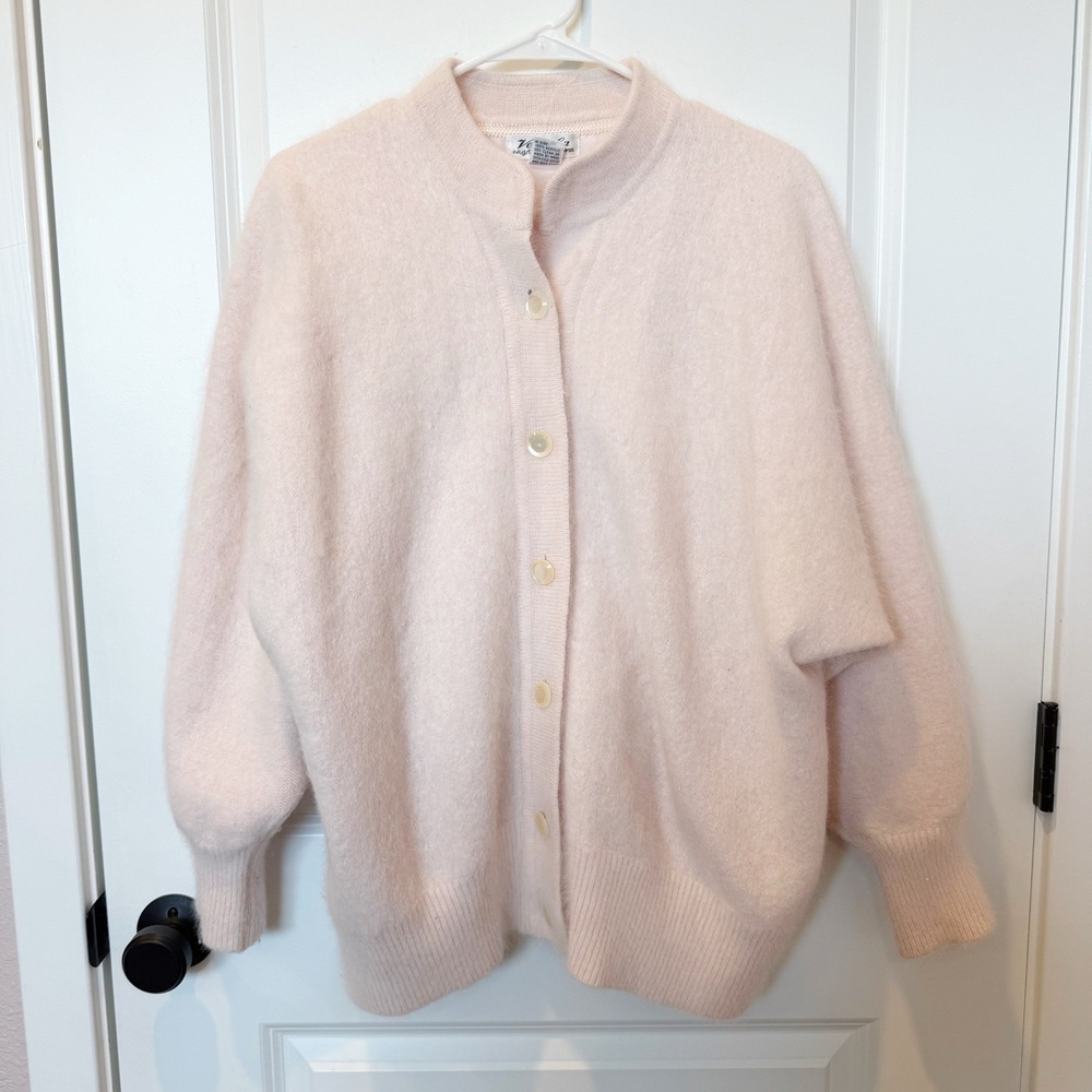 Vintage Venesha Pink Angora Cardigan Sweater Large Button Front Fuzzy Coquette